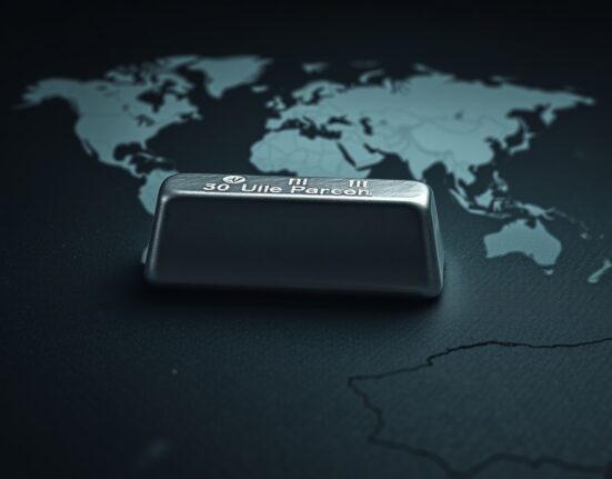 Silver bullion bar representing market decline amid Iran-US geopolitical tensions.