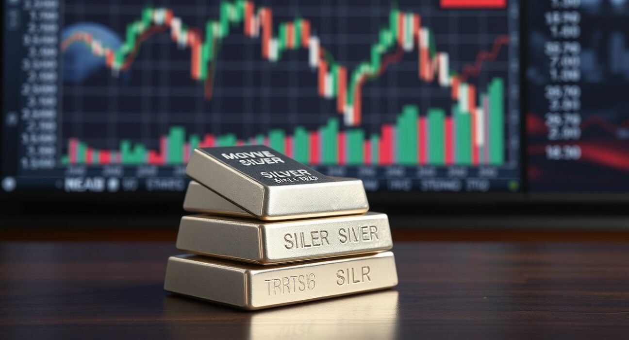 Silver bullion bars with financial chart showing price decline in background