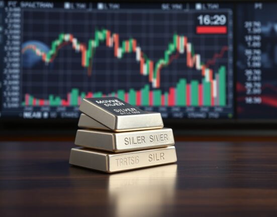 Silver bullion bars with financial chart showing price decline in background