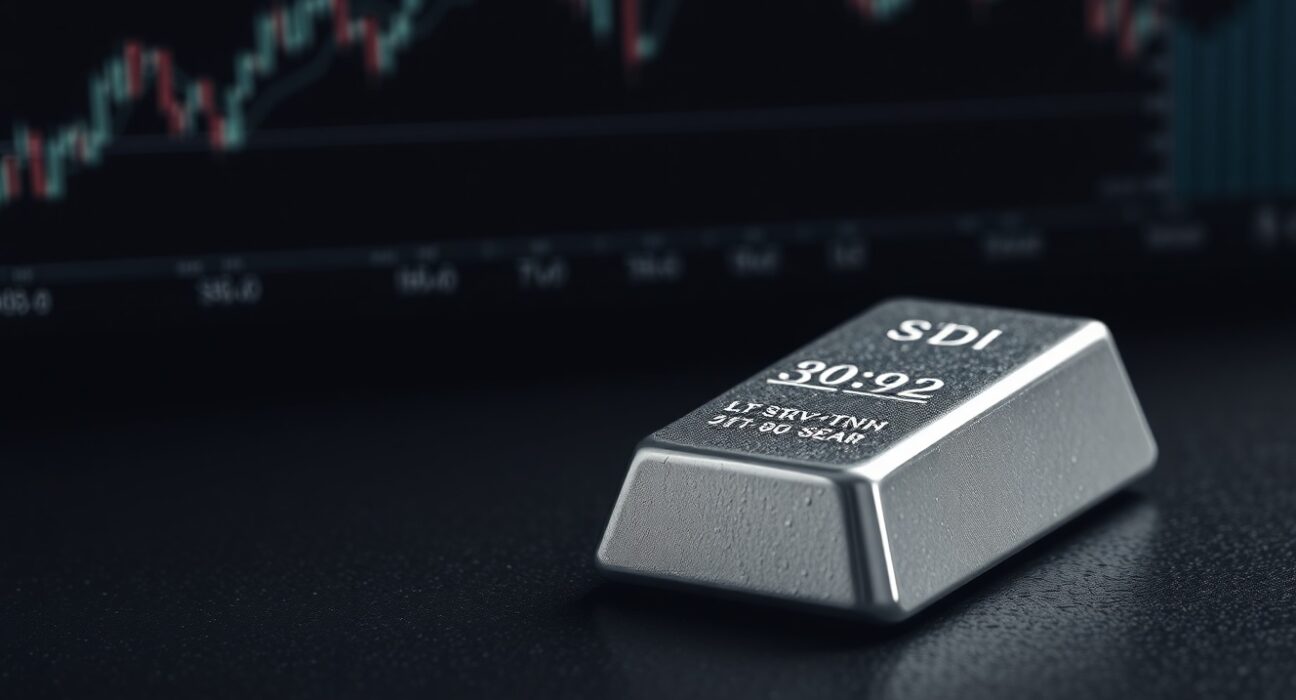 Silver bullion bar with chart background representing falling silver price and market volatility.