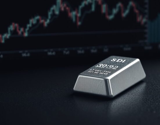Silver bullion bar with chart background representing falling silver price and market volatility.