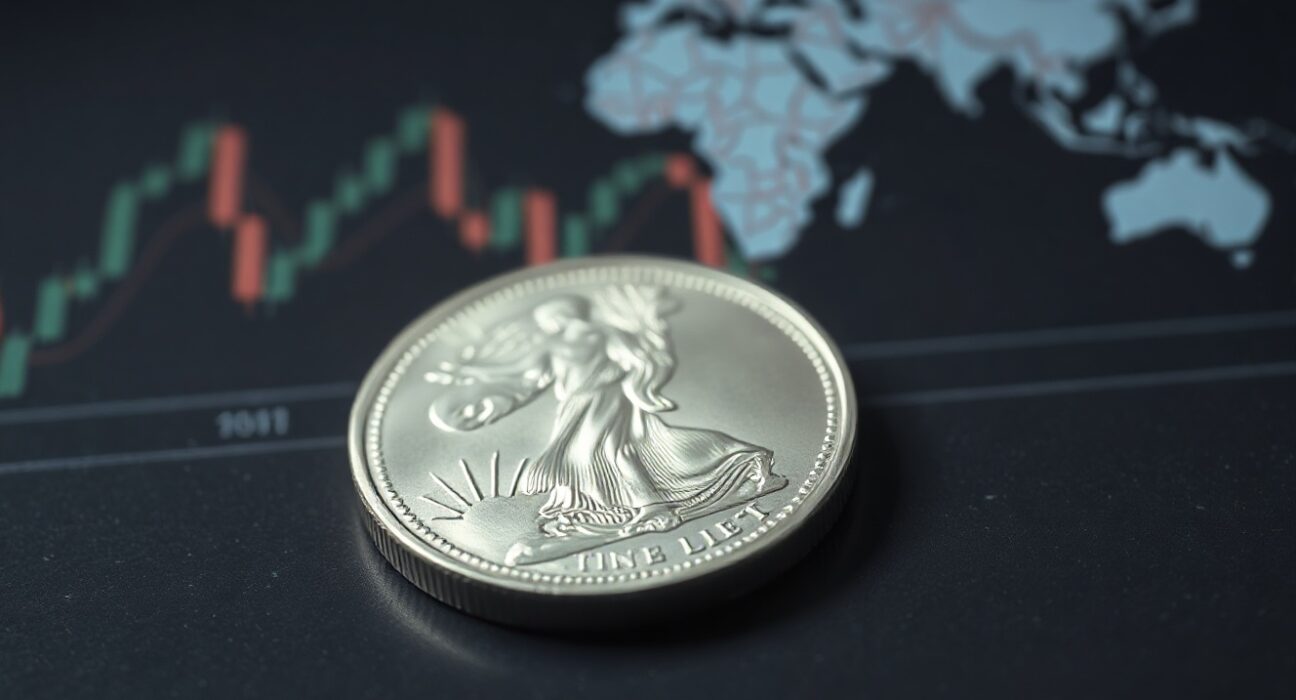 Silver bullion coin on dark surface with blurred financial charts in background, representing market volatility.