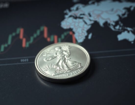Silver bullion coin on dark surface with blurred financial charts in background, representing market volatility.