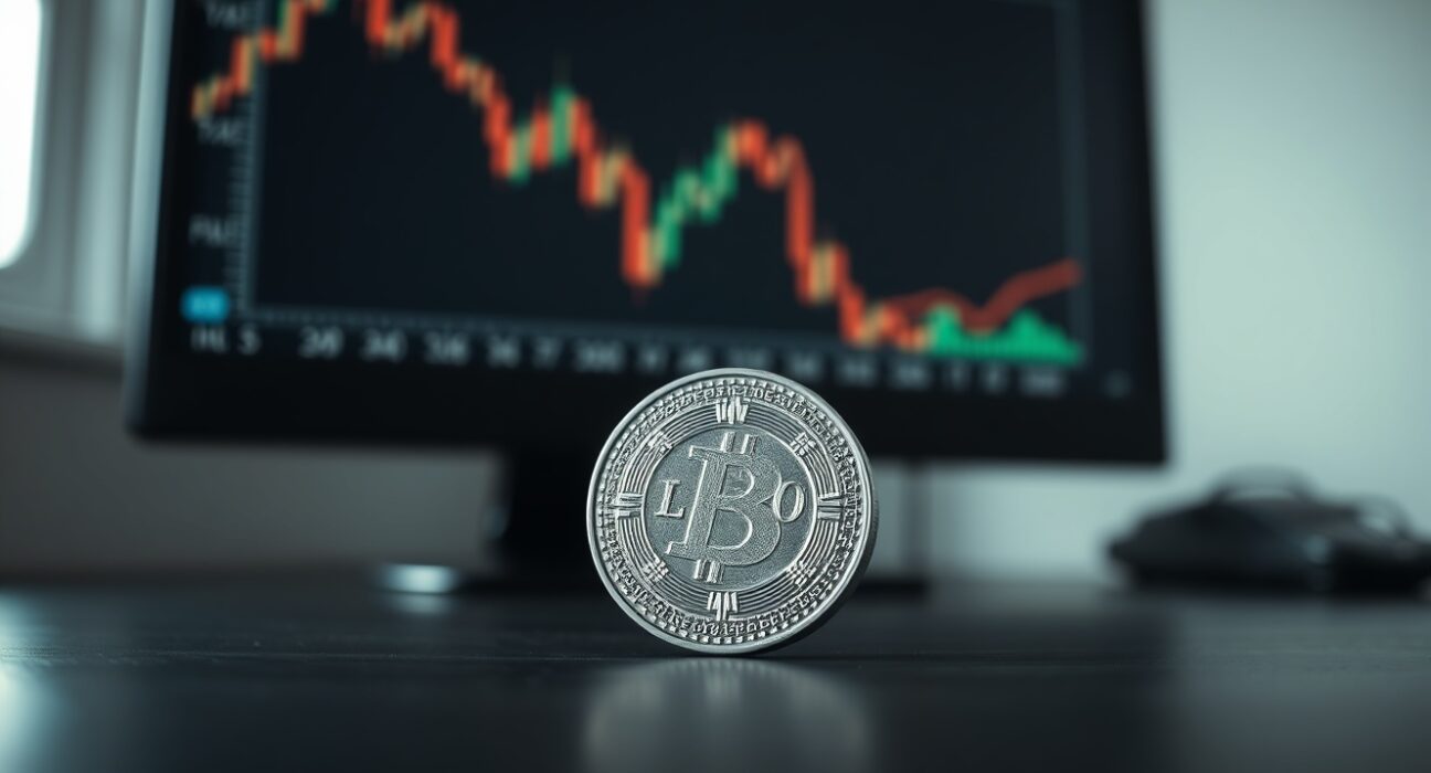 Silver bullion coin on dark surface with blurred financial chart in background