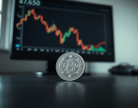 Silver bullion coin on dark surface with blurred financial chart in background
