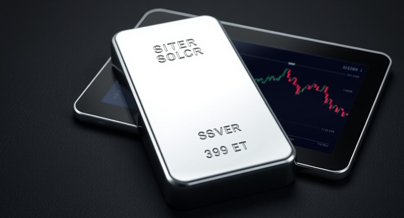 Silver bullion bar with financial chart showing falling silver prices and rising US Dollar Index