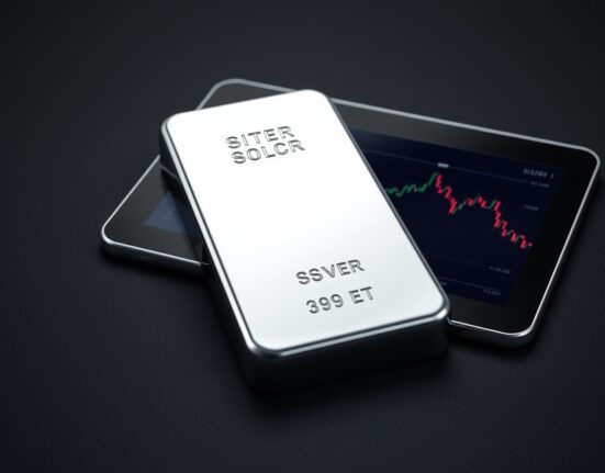Silver bullion bar with financial chart showing falling silver prices and rising US Dollar Index