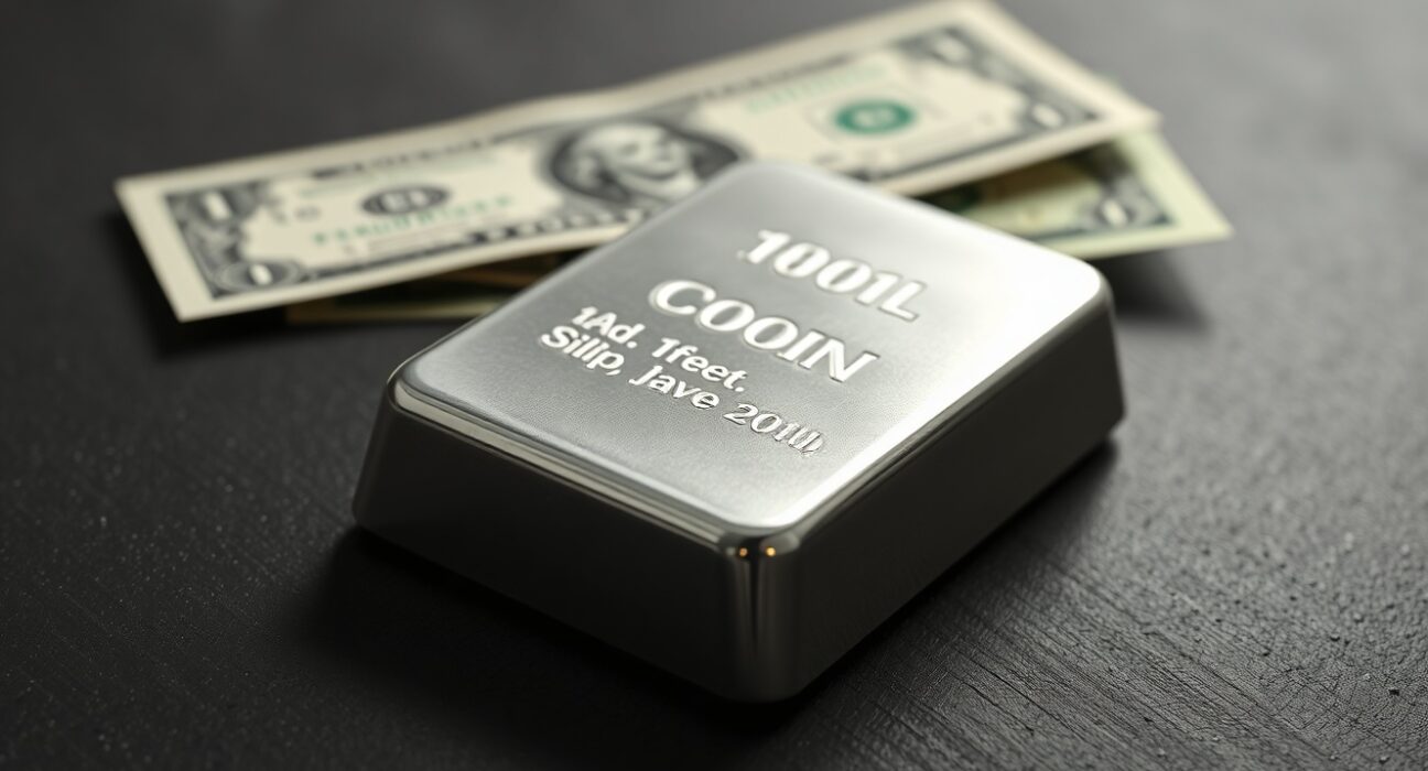 Silver bullion bar with US dollar illustrating the market conflict impacting silver price.
