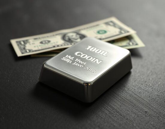 Silver bullion bar with US dollar illustrating the market conflict impacting silver price.