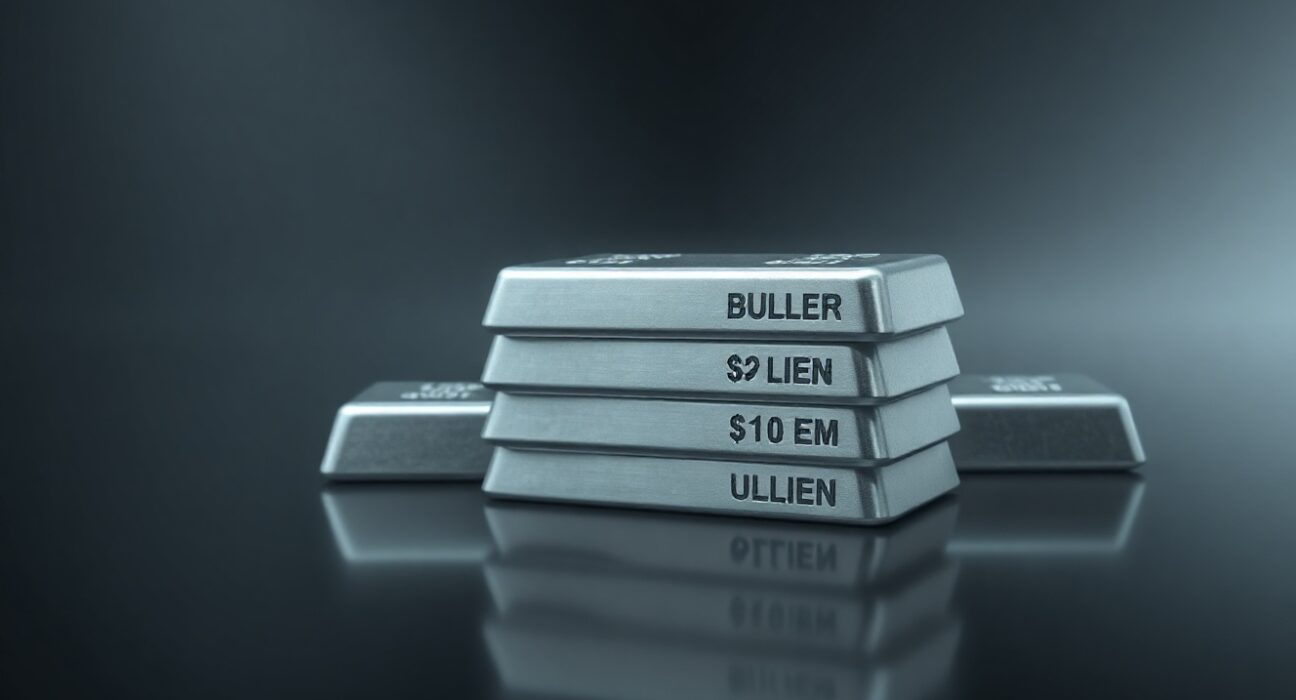 Stack of silver bullion bars on a dark surface representing precious metals market conditions.