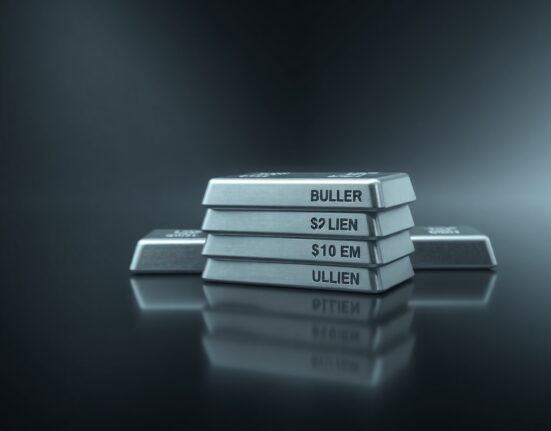 Stack of silver bullion bars on a dark surface representing precious metals market conditions.