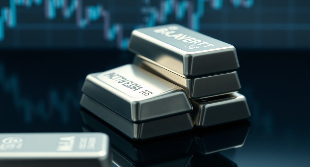 Stacked silver bullion bars on dark surface with financial charts in background