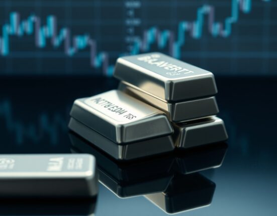 Stacked silver bullion bars on dark surface with financial charts in background