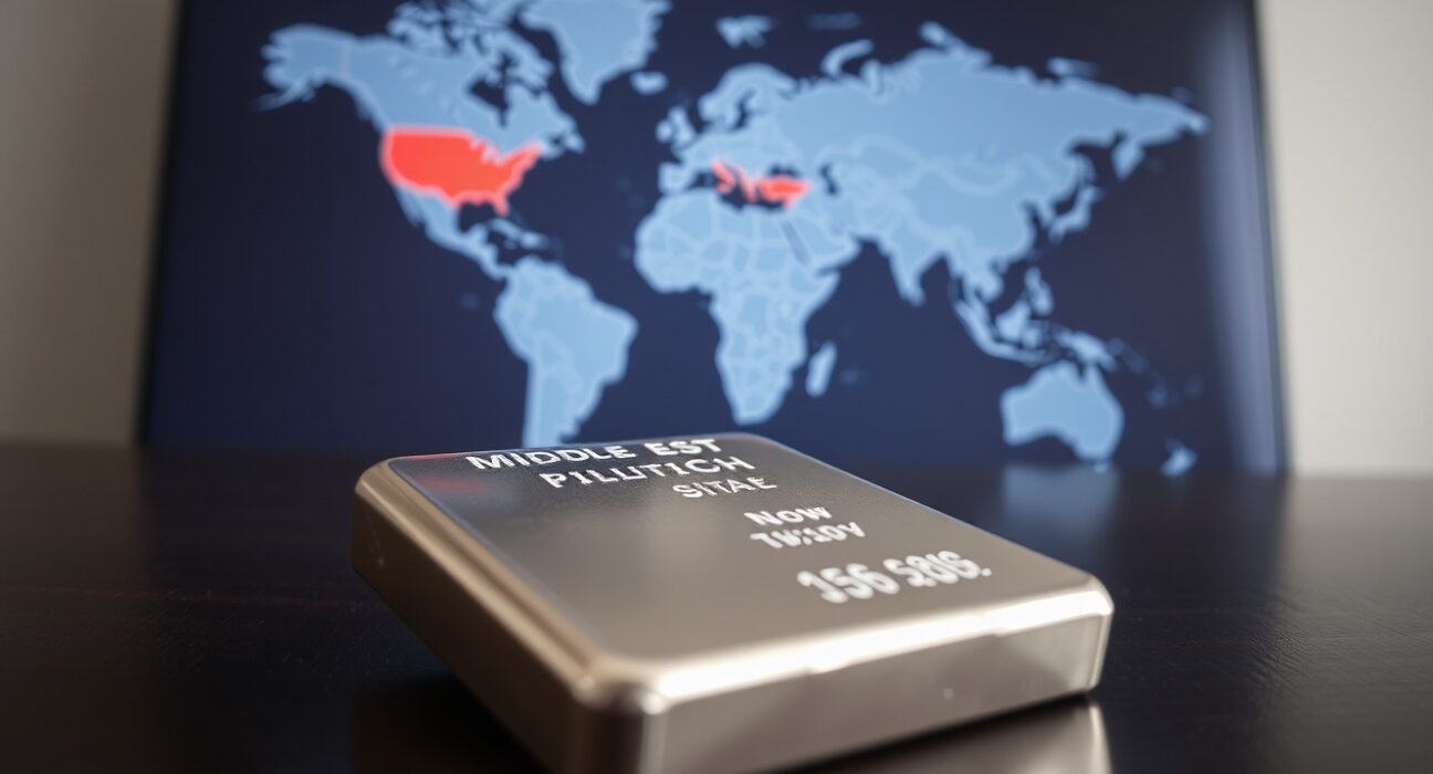 Silver bar on wooden surface with blurred Middle East map in background symbolizing geopolitical risk