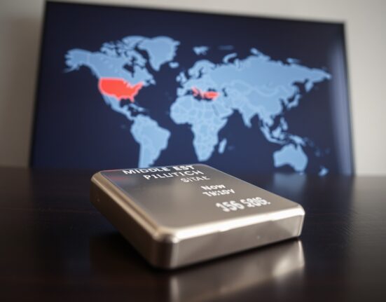 Silver bar on wooden surface with blurred Middle East map in background symbolizing geopolitical risk