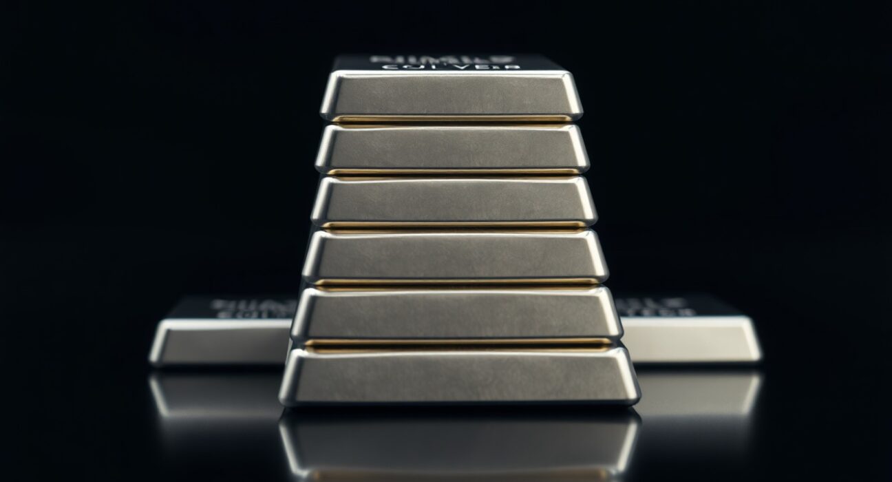 Close-up of polished silver bars on a dark reflective surface with soft studio lighting.