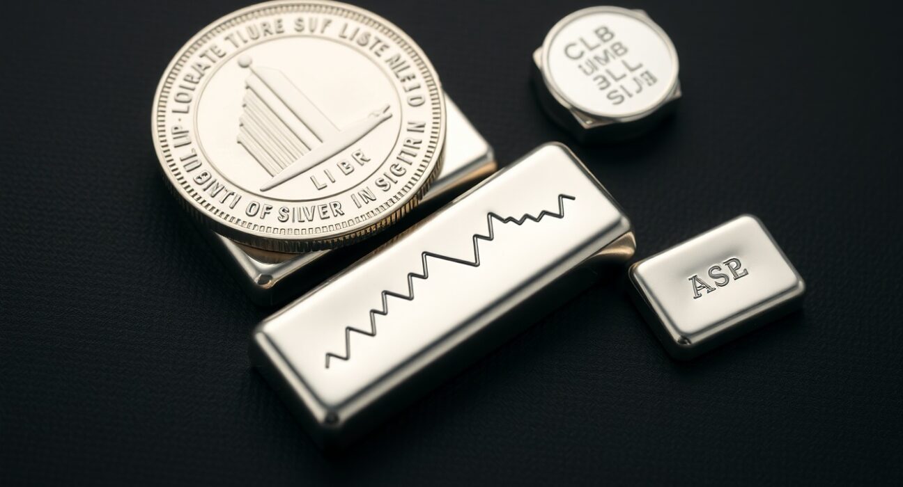 Silver bullion coin and bars with a reflected downward chart line, representing a price decline.