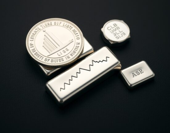 Silver bullion coin and bars with a reflected downward chart line, representing a price decline.