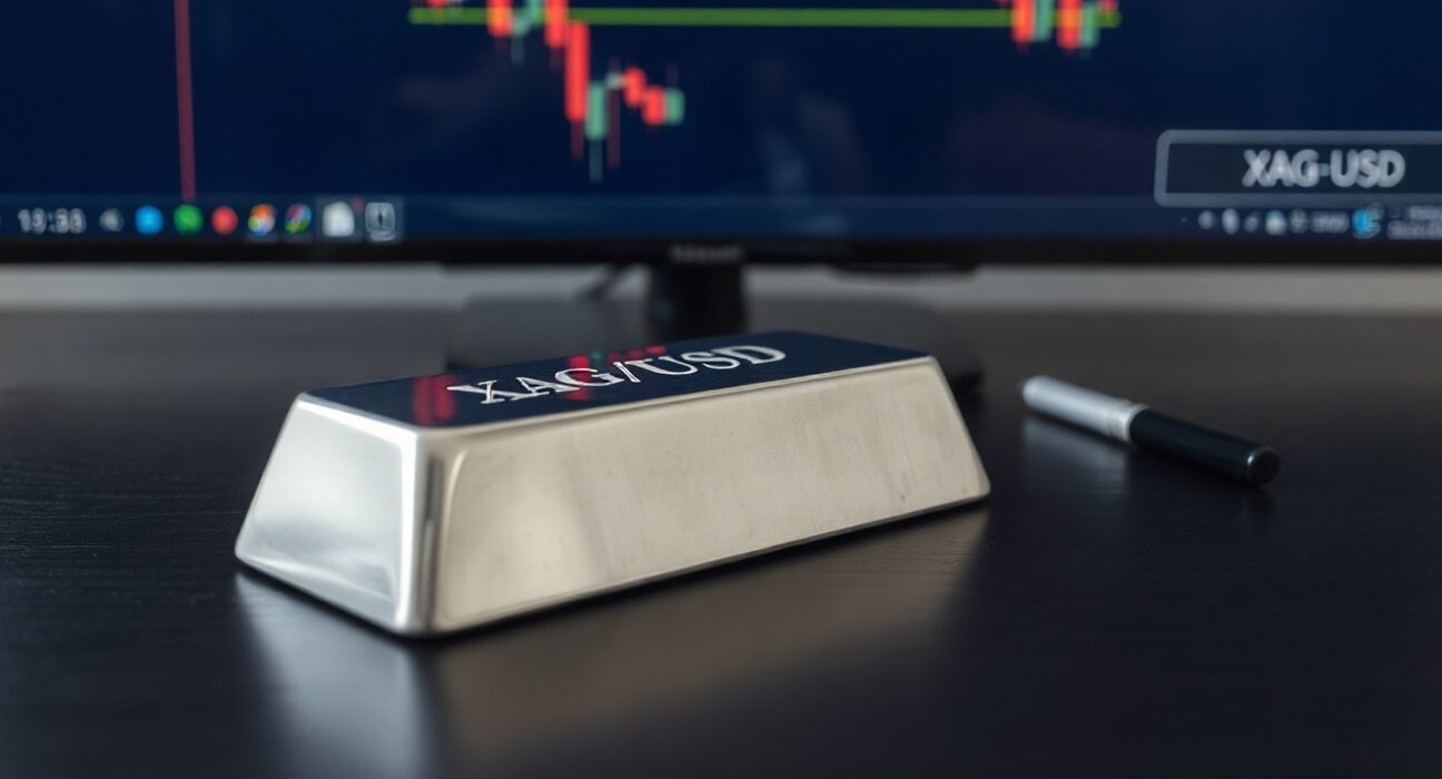 Silver bar with downward-trending XAG/USD chart in background representing falling precious metals prices.