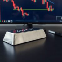 Silver bar with downward-trending XAG/USD chart in background representing falling precious metals prices.