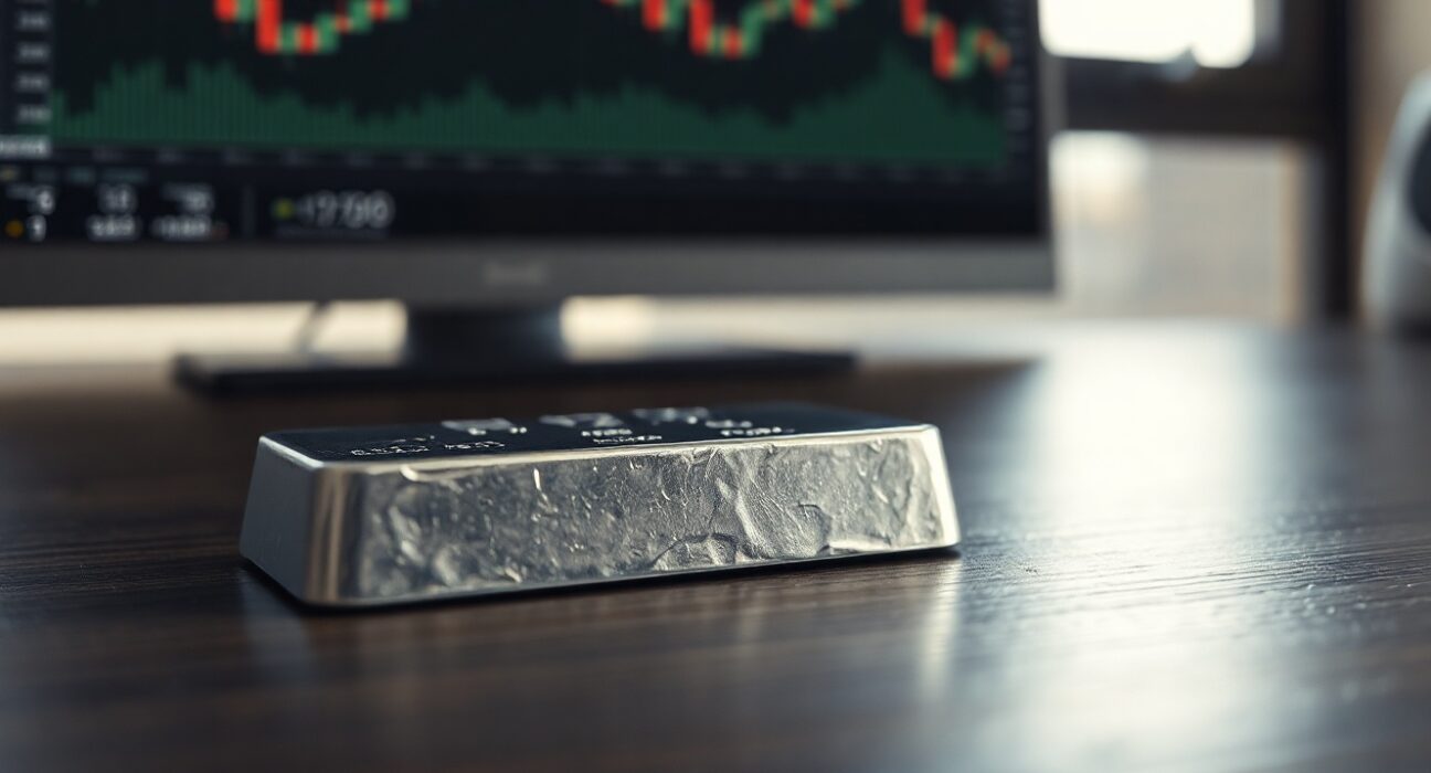 Silver bar on wooden surface with blurred financial charts in background