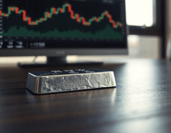 Silver bar on wooden surface with blurred financial charts in background