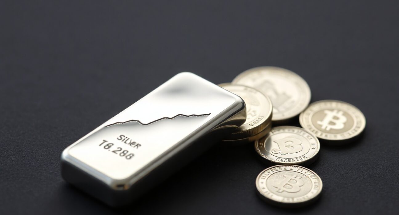 Silver bars and coins on dark surface with chart reflection