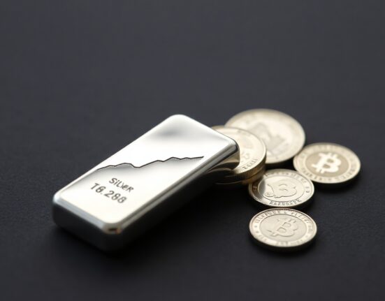 Silver bars and coins on dark surface with chart reflection