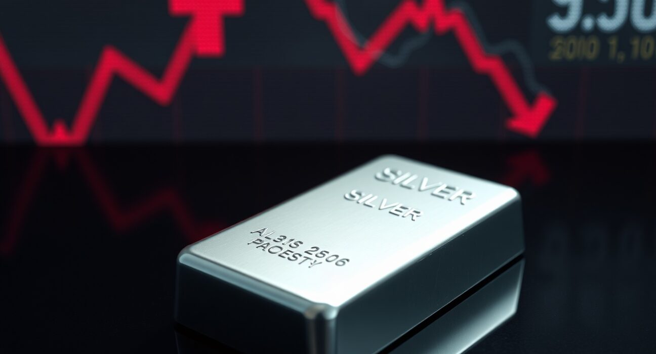 Silver bar on dark surface with financial market data in background showing price decline
