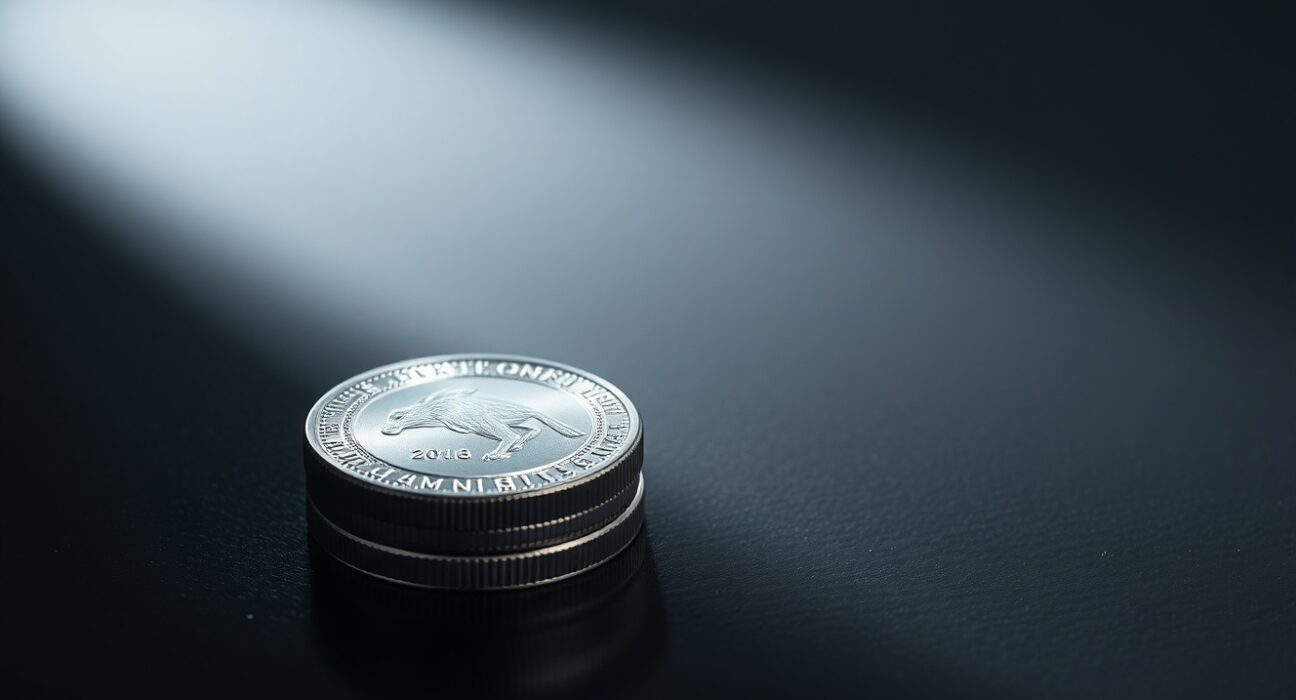 Close-up of a silver bullion coin on a dark wooden surface with soft lighting