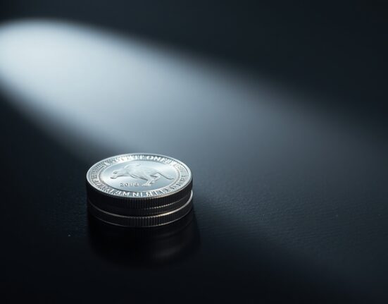 Close-up of a silver bullion coin on a dark wooden surface with soft lighting