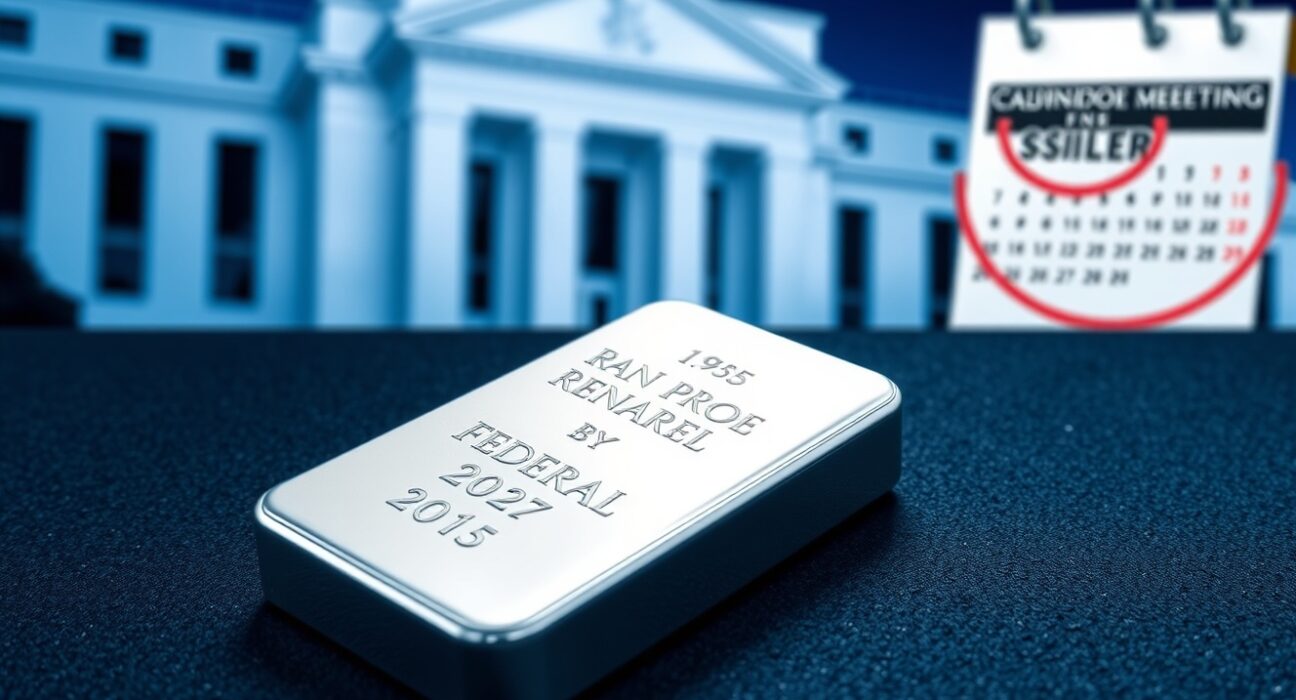 Silver bullion bar on dark surface with blurred Federal Reserve building in background, symbolizing cautious trade ahead of Fed meeting and Powell succession risks.
