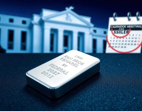 Silver bullion bar on dark surface with blurred Federal Reserve building in background, symbolizing cautious trade ahead of Fed meeting and Powell succession risks.