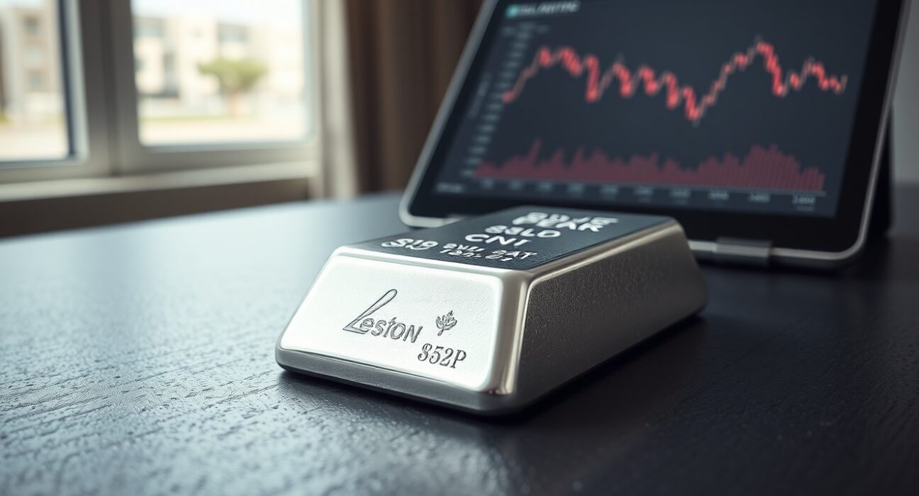 Silver bullion bar with financial chart illustrating subdued silver price trends amid Federal Reserve policy.