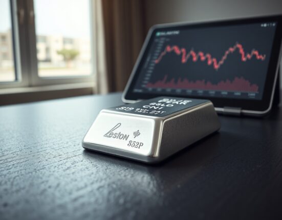 Silver bullion bar with financial chart illustrating subdued silver price trends amid Federal Reserve policy.