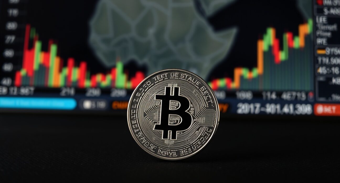 Silver bullion coin on dark surface with financial news background