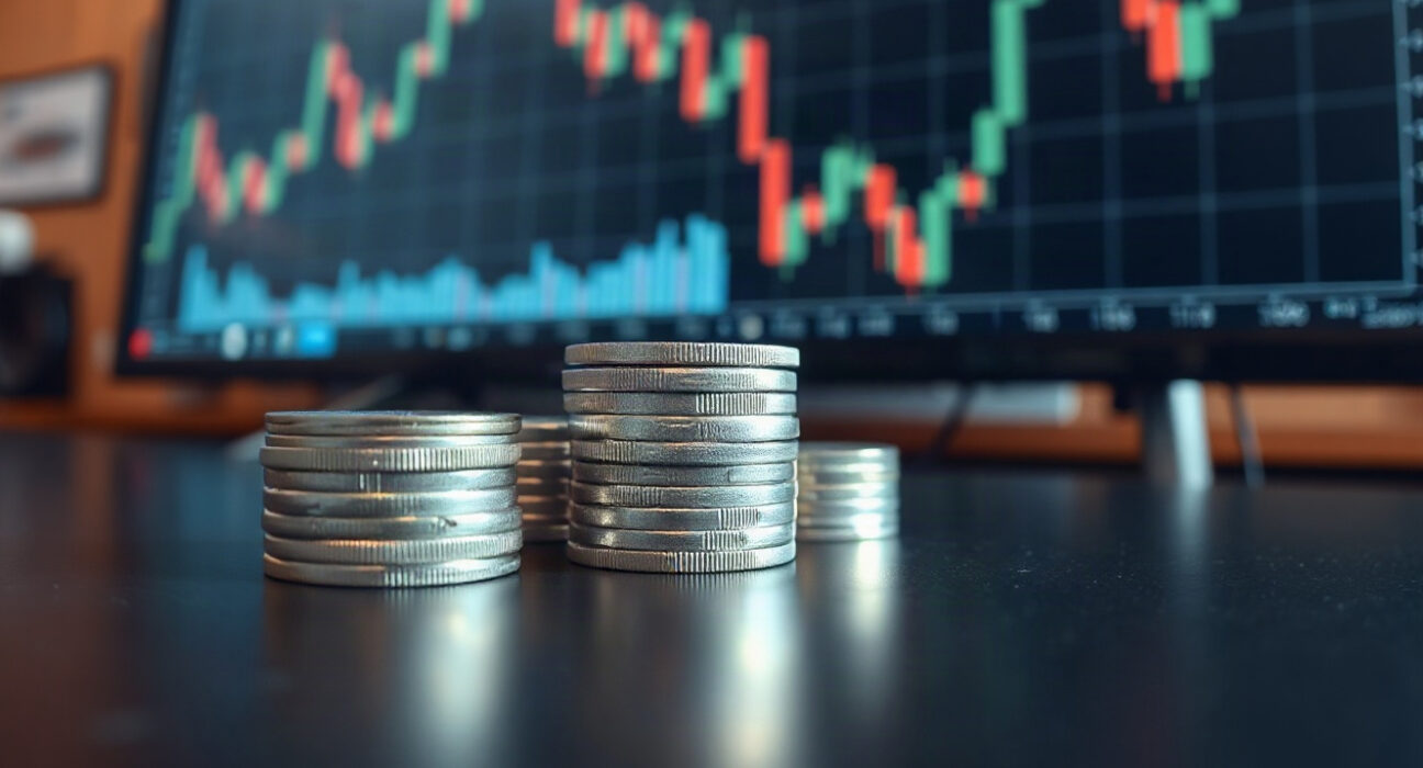Silver bullion coins and bars on a reflective surface with a blurred trading chart in the background