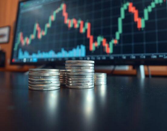 Silver bullion coins and bars on a reflective surface with a blurred trading chart in the background