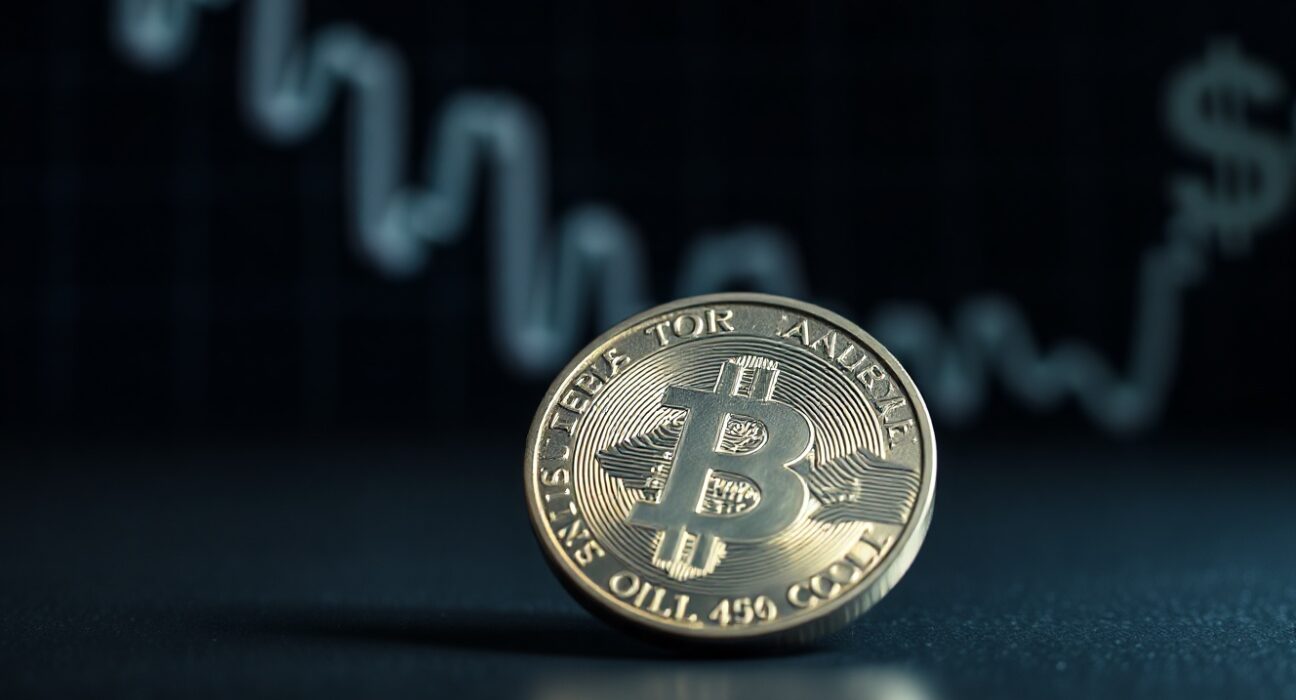 Silver coin on reflective surface with blurred dollar chart in background, representing price forecast analysis.