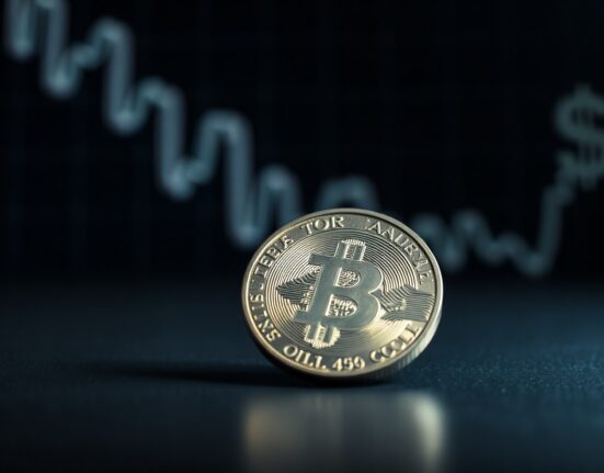 Silver coin on reflective surface with blurred dollar chart in background, representing price forecast analysis.