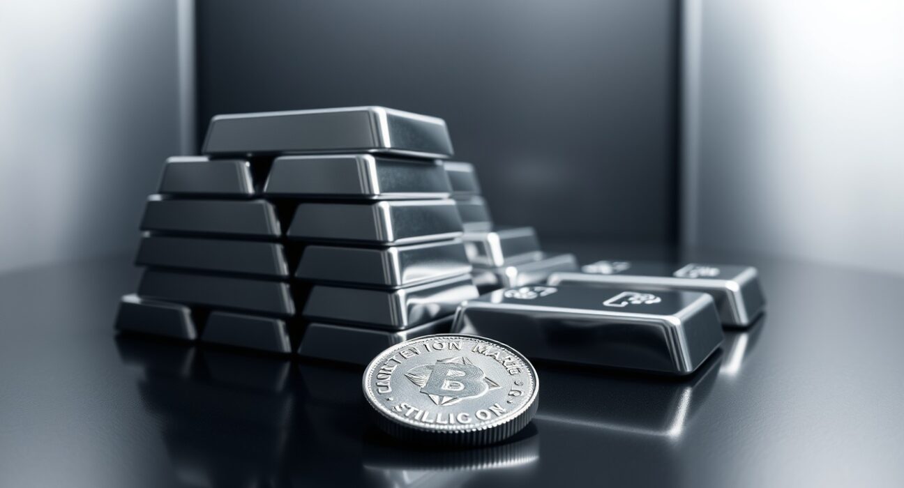 Stacked silver bullion bars and a silver coin on a dark reflective surface in a financial trading setting