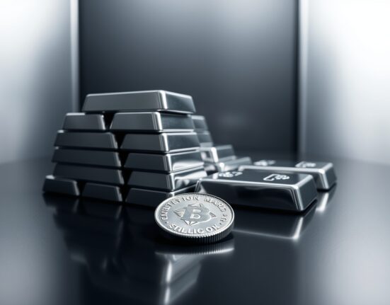 Stacked silver bullion bars and a silver coin on a dark reflective surface in a financial trading setting