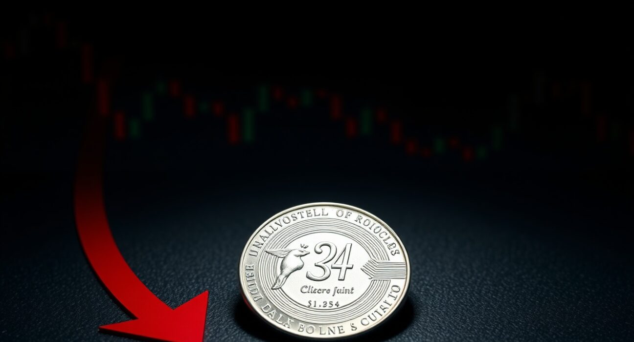 Silver coin with a downward red arrow and blurred financial chart in background, representing bearish silver price forecast.