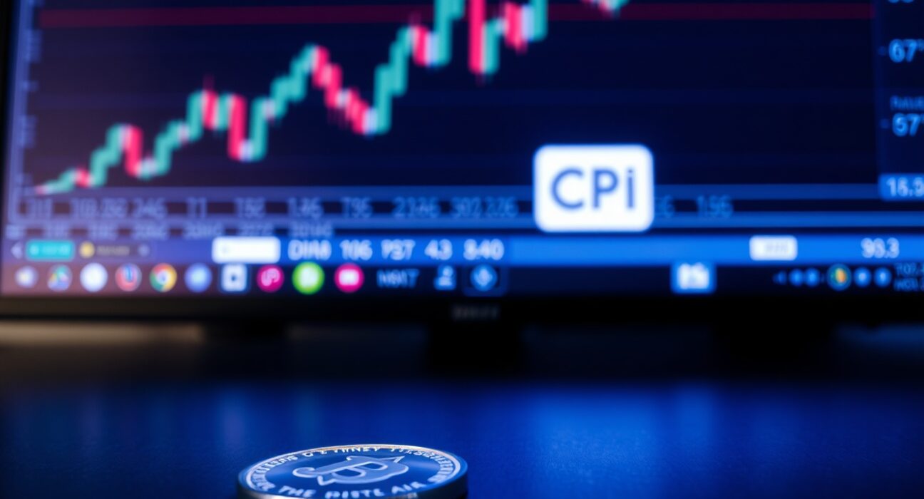Silver coin on dark surface with blurred financial chart and CPI calendar in background
