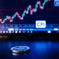 Silver coin on dark surface with blurred financial chart and CPI calendar in background
