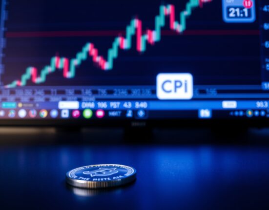 Silver coin on dark surface with blurred financial chart and CPI calendar in background