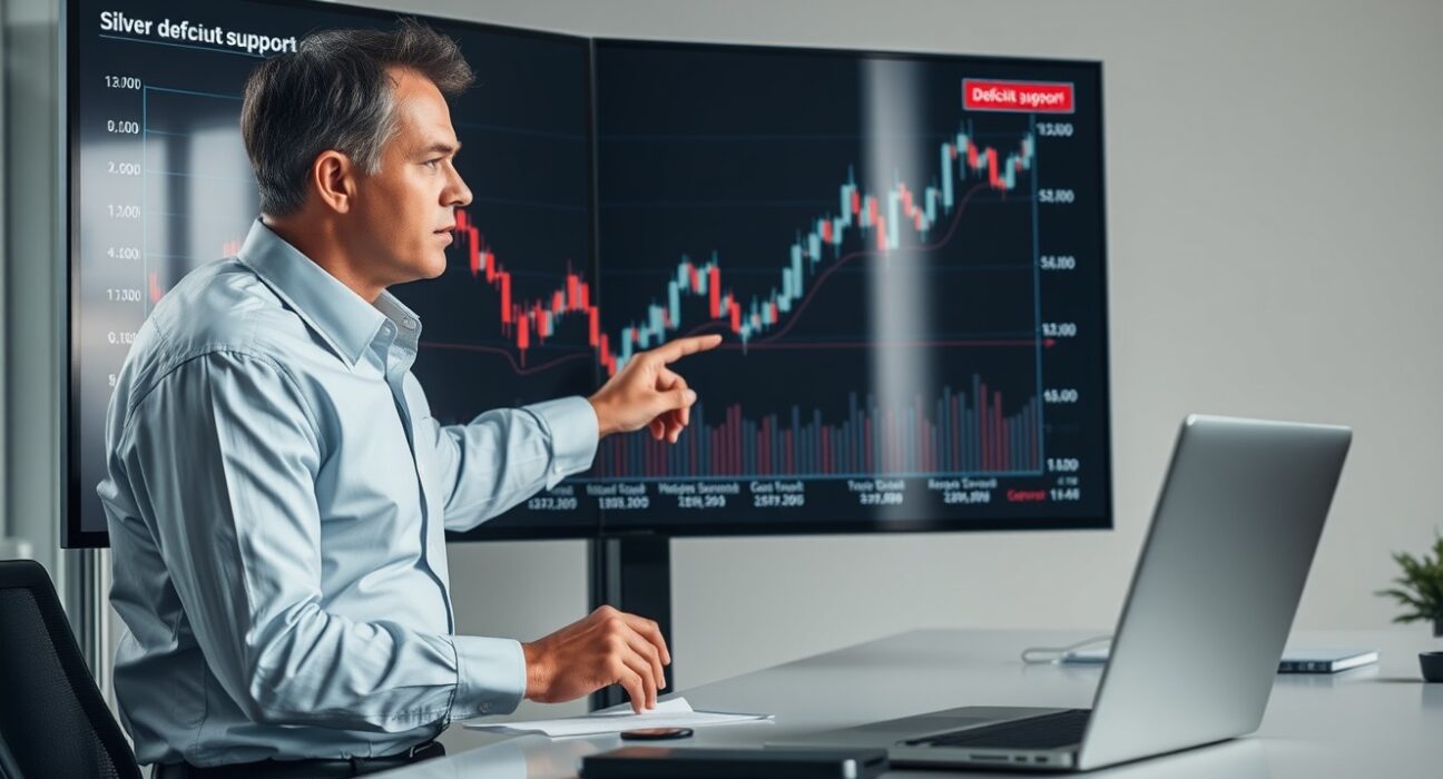 Analyst reviewing silver price chart and market data in modern office