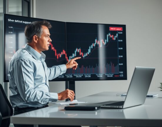 Analyst reviewing silver price chart and market data in modern office