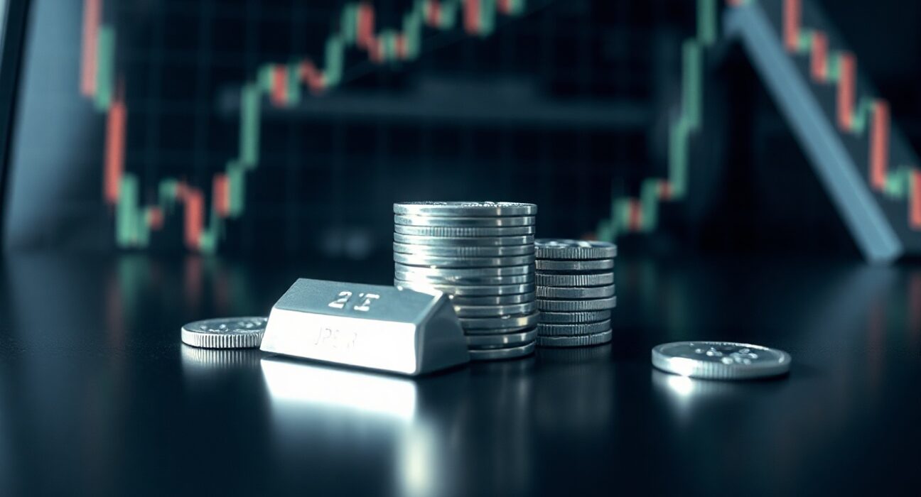 Close-up of silver bullion coins and bars on a reflective surface for market analysis