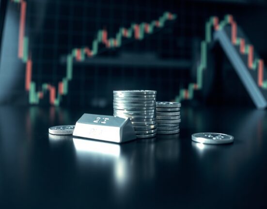 Close-up of silver bullion coins and bars on a reflective surface for market analysis